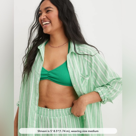 NWT Aerie Linen Blend Cover Up Green Striped Shirt Pool coastal beachy Pastel XS - Picture 3 of 12